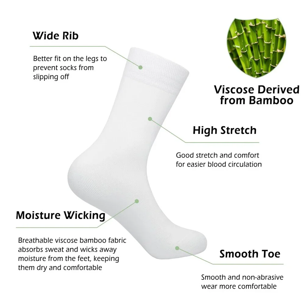 SERISIMPLE Men's White Viscose Bamboo Dress Sock Thin Soft Crew Anti Odor 5PK-L